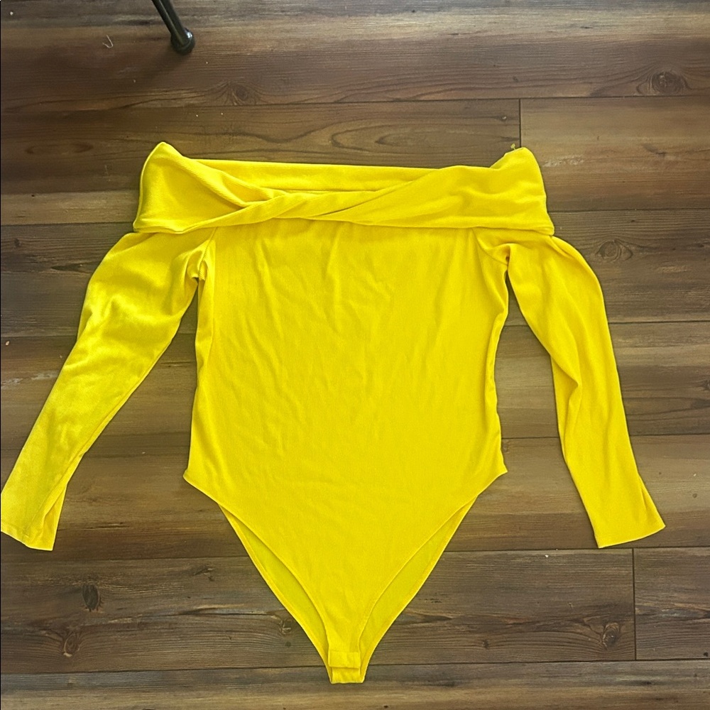 Yellow ribbed off shoulder long sleeve bodysuit